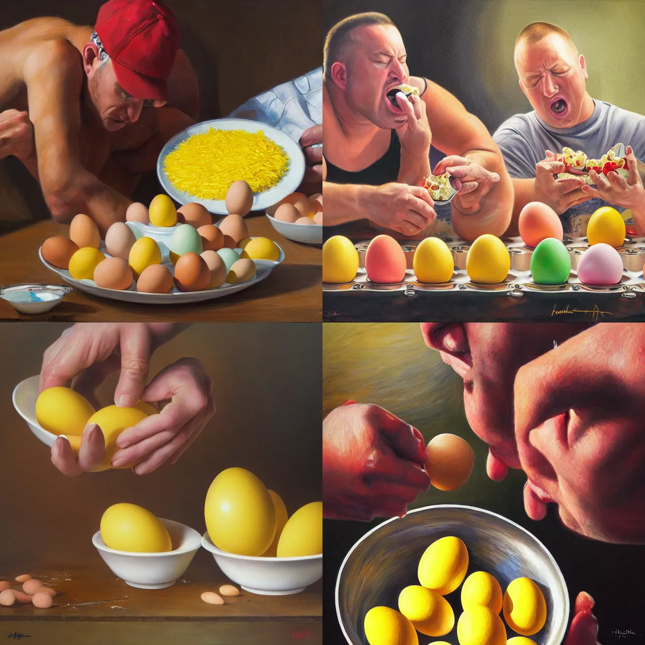 Prompt: smash mouth eating 2 4 eggs, hyper realism, high detail, depth of field, professional photo, photorealistic, oil painting,