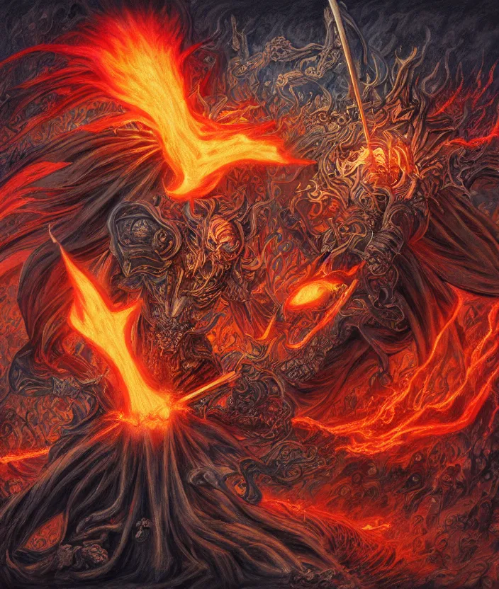 Image similar to demon lord rimuru tempest casts a fireball, 1 9 2 0's colored pencil, highly detailed, highly accurate, deep aesthetic, 8 k, highly ornate intricate details, cinematic lighting, rich colors, beautiful scenic view, ray tracing, hyperrealistic, photorealistic, cinematic landscape, trending on artstation, concept art,