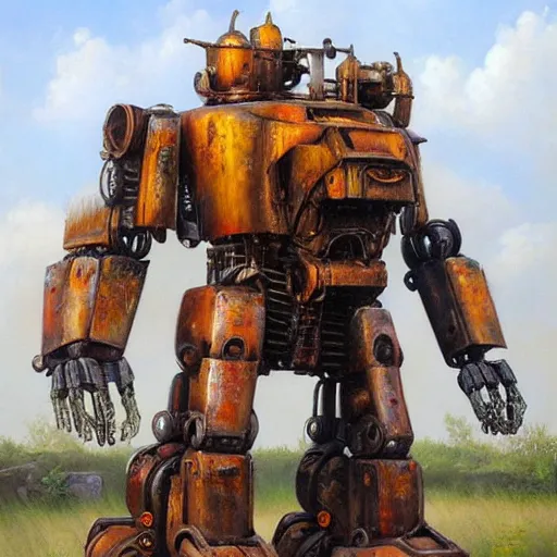 Prompt: oil painting of a huge rusting mech, that resembles a mechanical gorilla, highly detailed, complex, intricate by james gurney sleek, elegant, anime style