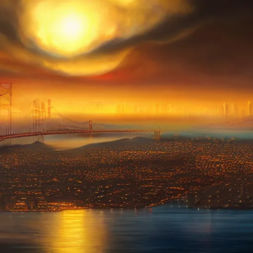 Prompt: a fantastical painting of dusk over san francisco bay area,, epic light scene, spectacular, finely detailed, whimsical, contemporary, mixed - media, award winning, 8 k, trending on artstation, volumetric lighting, octane render uhd artwork by bob ross