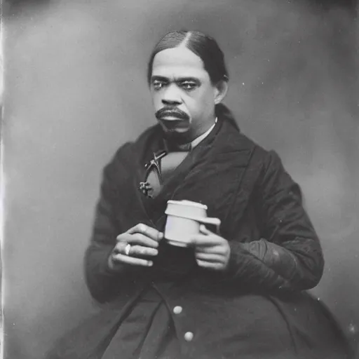 Prompt: tintype photo of ice - t, drinking iced tea, by julia margaret cameron 1 8 8 0 s, realistic, body shot, sharp focus, 8 k high definition, insanely detailed, intricate, elegant