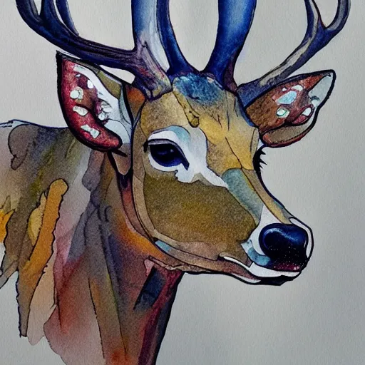 Image similar to water color and pen, high resolution, detailed, trending on artstation, deer