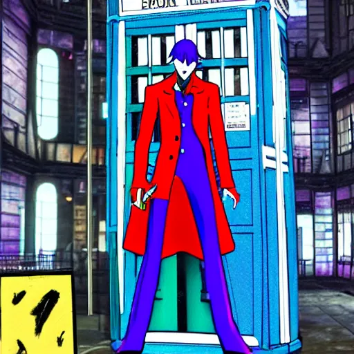 Prompt: Joker from Persona 5 standing in the TARDIS