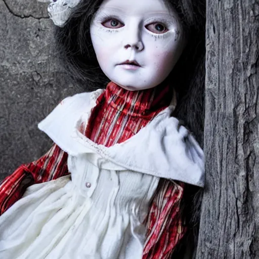 Prompt: a creepy doll like woman with white - porcelain skin, dressed as a homeless woman