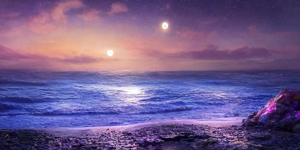 Image similar to a single glittering fairy beach cove at night full of crystals and magical glowing sea shells along the shore, a full moon, water and colorful flowers, extremely detailed oil painting, unreal 5 render, fantasy digital art, octane render, beautiful composition, trending on artstation, award-winning photograph, masterpiece