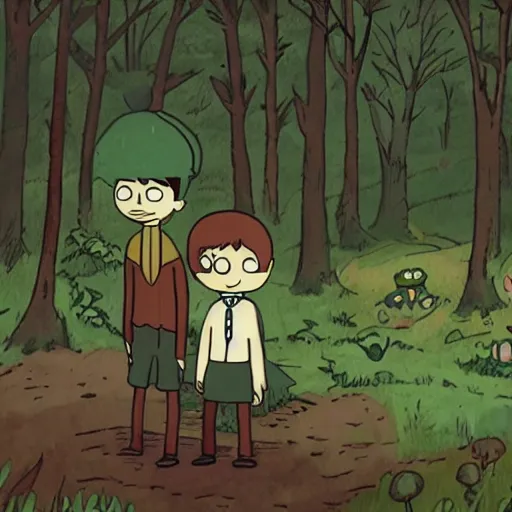 Prompt: Over the Garden Wall, greg and wirt are lost in the forest