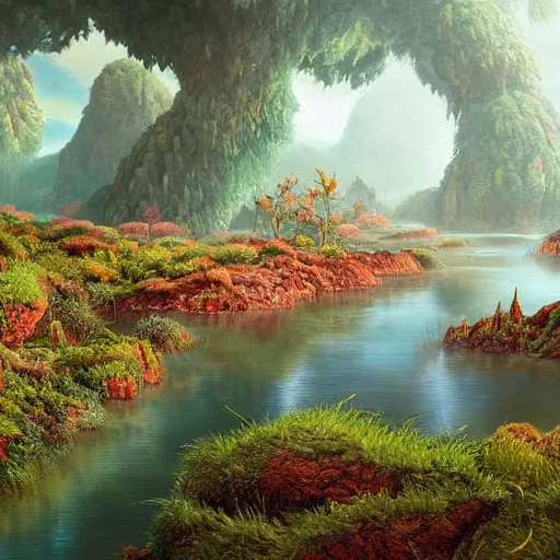 Image similar to beautiful detailed painting of a lush natural scene on a colourful alien planet by vincent bons. ultra sharp high quality digital render. detailed. beautiful landscape. weird vegetation. water. soft colour scheme. grainy.