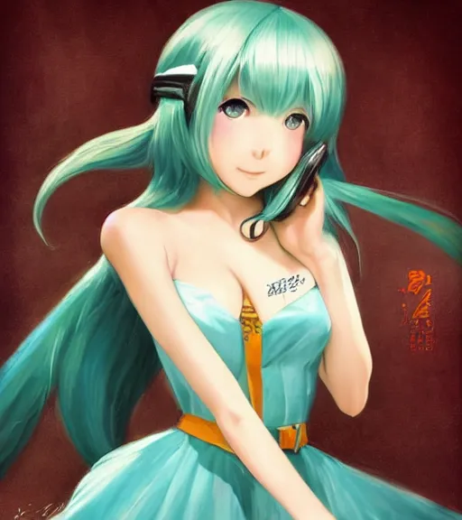 Prompt: Anime art very beautiful Hatsune miku by Gil Elvgren, Vladimir Volegov, Earl Moran, Enoch Bolles, symmetrical shoulders, long hair, smiling, trending