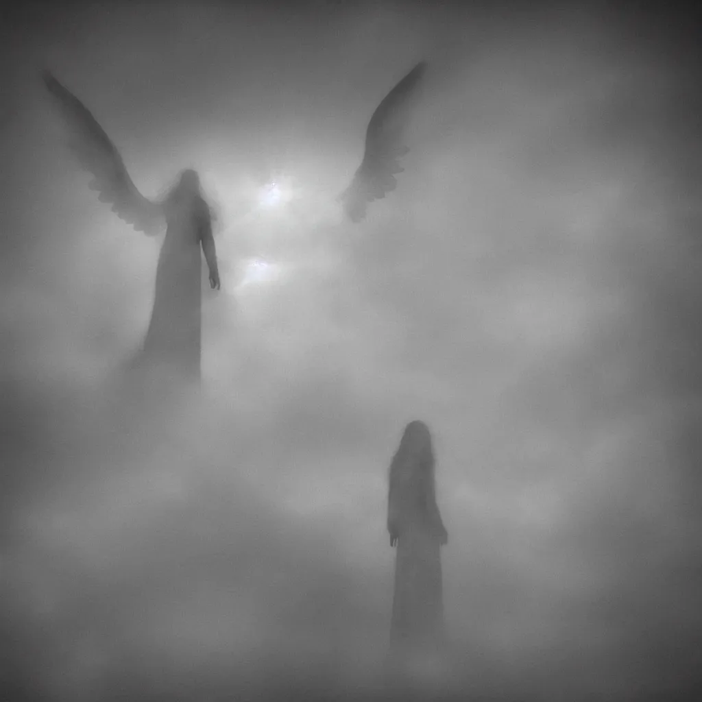 Image similar to i wait upon you in heaven, the angels are calling me back home, bad dream, hazy memory, volumetric, dark black and white in the style of alvin schwartz, epic angles