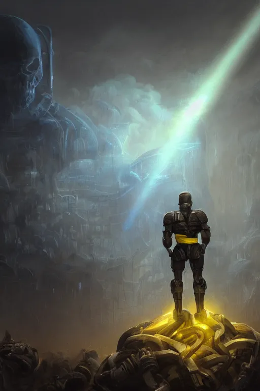 Image similar to a distant shot of a human super soldier with blue and yellow flag and standing alone on a huge pile of human skulls as a winner, masculine figure, D&D, fantasy, bright hopeful atmosphere, volumetric lights, beam of bright light through the clouds, intricate, elegant, highly detailed, extremely detailed, digital painting, artstation, concept art, matte, smooth, sharp focus, hyper realistic, illustration, art by Artgerm and Greg Rutkowski and Alphonse Mucha