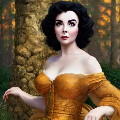 Image similar to elizabeth taylor as snow white, au naturel, hyper detailed, digital art, trending in artstation, cinematic lighting, studio quality, smooth render, unreal engine 5 rendered, octane rendered, art style by klimt and nixeu and ian sprigger and wlop and krenz cushart