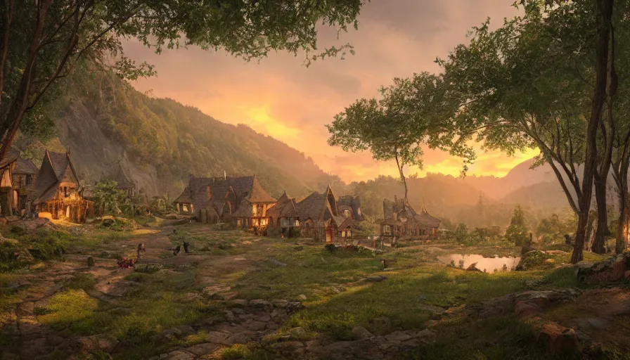 Image similar to medieval village built at the foot of humongous green mountains with forest and lake, fireplace, crowded paths, sunrise, hyperdetailed, artstation, cgsociety, 8 k