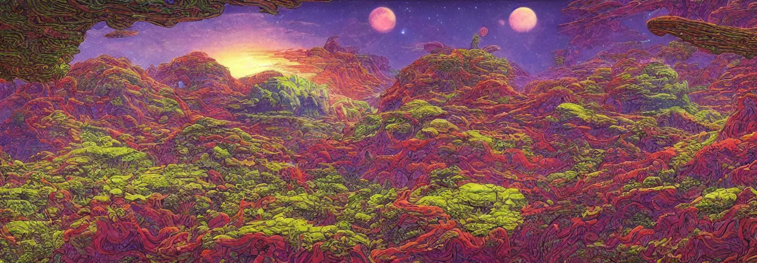 Image similar to beautiful landscape mural of an alien planet, lush landscape, vivid colors, intricate, highly detailed, masterful, fantasy world, in the style of moebius