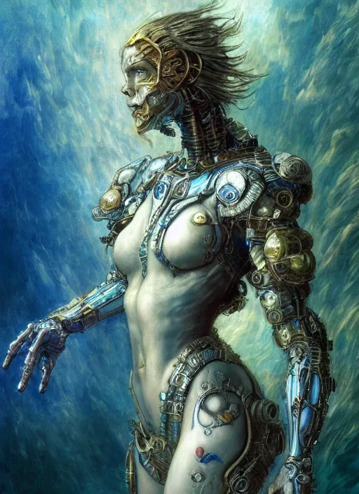 Prompt: biblical diabolical bautiful cyborg girl with glowing veins, intricate porcelain armor, ocean on planet titan, underwater photography, by gerald brom, by mikhail vrubel, by peter elson, muted colors, extreme detail, trending on artstation, 8 k
