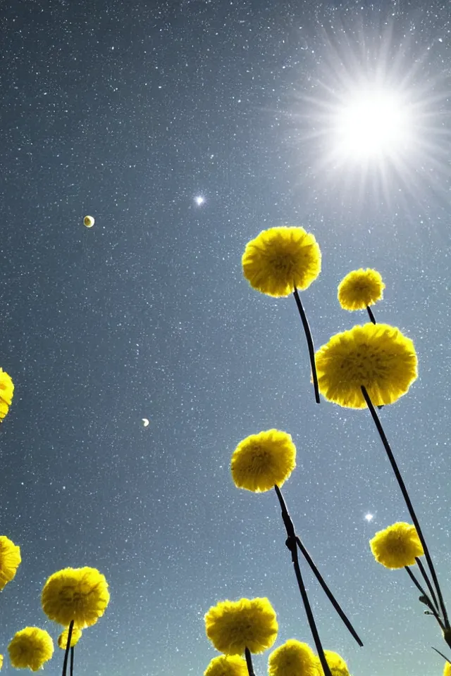 Prompt: low angle. field of big frozen yellow flowers. two moons in zenith. starfield and galactics in the sky. double moon. galactics in the sky. wide angle. lens flare, bokeh