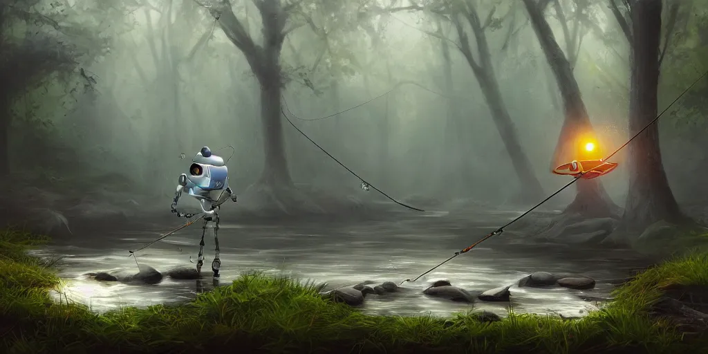 Prompt: cute robot fishing in the forest stream, concept art, digital art, artstation, 8 k, photorealism, misty landscape