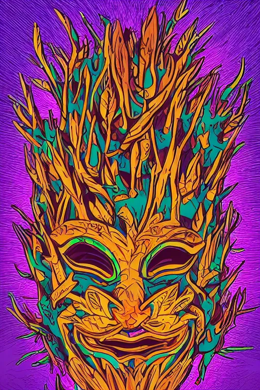 Image similar to animal mask totem roots flower tribal feather gemstone plant wood rock shaman vodoo video game vector cutout illustration vivid multicolor borderlands comics by josan gonzales and dan mumford radiating a glowing aura