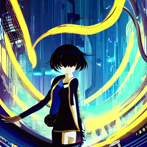 Image similar to Frequency indie album cover, luxury advertisement, blue filter, blue and black colors. Clean and detailed post-cyberpunk sci-fi close-up schoolgirl in asian city in style of cytus and deemo, blue flame, relaxing, calm and mysterious vibes, by Tsutomu Nihei, by Yoshitoshi ABe, by Ilya Kuvshinov, by Greg Tocchini, nier:automata, set in half-life 2, GITS, Blade Runner, Neotokyo Source, Syndicate(2012), dynamic composition, beautiful with eerie vibes, very inspirational, very stylish, with gradients, surrealistic, dystopia, postapocalyptic vibes, depth of field, mist, rich cinematic atmosphere, perfect digital art, mystical journey in strange world, beautiful dramatic dark moody tones and studio lighting, shadows, bastion game, arthouse