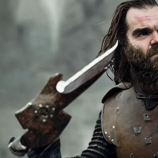 Image similar to Rory McCann as Logen Ninefingers, photo, wielding a sword and shield