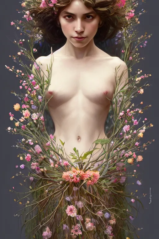 Image similar to symmetry!! full body portrait!!!! of a beautiful!!!! girl, pretty face, decorated with twigs and flowers, intricate, elegant, highly detailed, digital painting, artstation, concept art, smooth, sharp focus, illustration, art by artgerm and greg rutkowski and alphonse mucha, 8 k