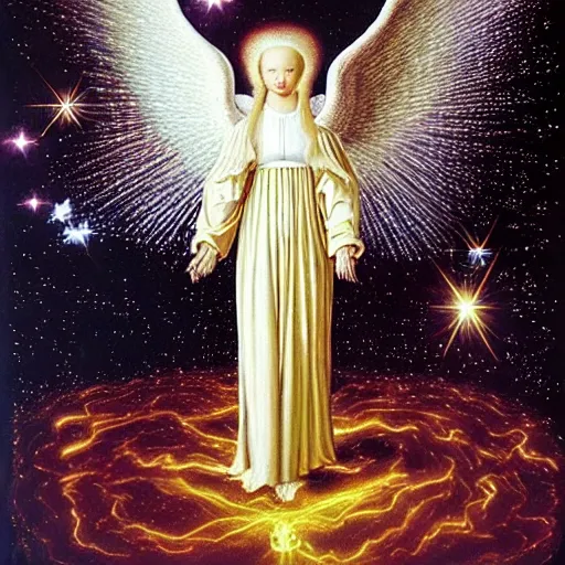 Image similar to highdetailed hyperrealistic painting of white angel!!! no gender!!!, giant ball of miracle light from the chest!!!!!, white sparkles everywhere, lot of fire and stars overhead!!!, by jan van eyck, holography space, glow effect, large strokes, soft and clean, white monochrome color