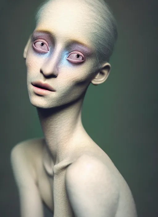 Image similar to Kodak Portra 400, 8K, soft light, volumetric lighting, highly detailed, fine art portrait photography in style of Paolo Roversi , britt marling face 3/4 morphing with soft pastel colors tropical fishes, metamorphosis complex 3d render , 150 mm lens, soft blur background, bust with intricate details, elegant, hyper realistic, ultra detailed, octane render, etheric, outworldly colours, emotionally evoking, head in focus, fantasy, ornamental, intricate, elegant, 8K, soft light, volumetric underwater lighting, highly detailed, Refined, Highly Detailed, soft lighting colors scheme, fine art photography, Hyper realistic, photo realistic