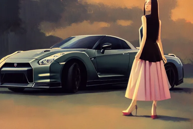Image similar to A ultradetailed beautiful panting of a stylish girl standing in front of a Nissan GTR, Oil painting, by Ilya Kuvshinov, Greg Rutkowski and Makoto Shinkai