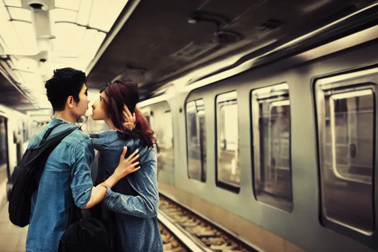 Image similar to vfx movie couple in a train station flat color profile low - key lighting cinematography atmospheric