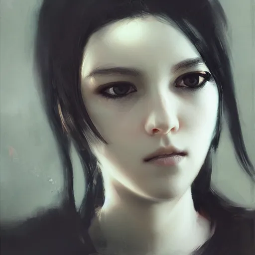 Prompt: a cute girl by ruan jia, closeup headshot, black long hair, black eyes, movie poster style