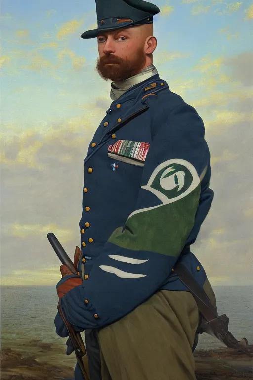 Prompt: portrait minnesota timberwolves military, full battle ready, 1 8 8 9, in full military garb, midnight blue, aurora green, lake blue, moonlight grey, oil on canvas by william sidney mount, trending on artstation