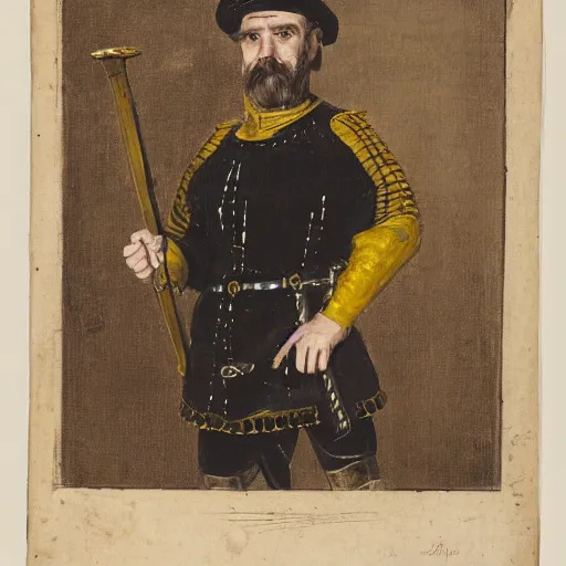 Image similar to Portrait of frustrated and acerbic male medieval sergeant with a short beard wearing a {black and yellow tabard} over a steel breastplate and a black gambeson with his hands planted on a table with a war theater map, by Greg Rutkowski, {perfect face}, {perfect eyes}, {hands planted on war table while standing}, fantasy