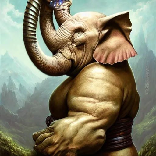 Image similar to fantasy portrait, portly elephant man, wearing loincloth, seven pointed star, rpg game, main character, detailed, digital painting, artstation, sharp focus, illustration, tomasz alen kopera, peter mohrbacher, donato giancola, joseph christian leyendecker, wlop, frank frazetta