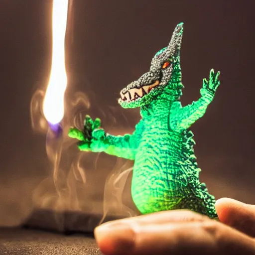 Image similar to godzilla smoking a joint, 5 5 mm