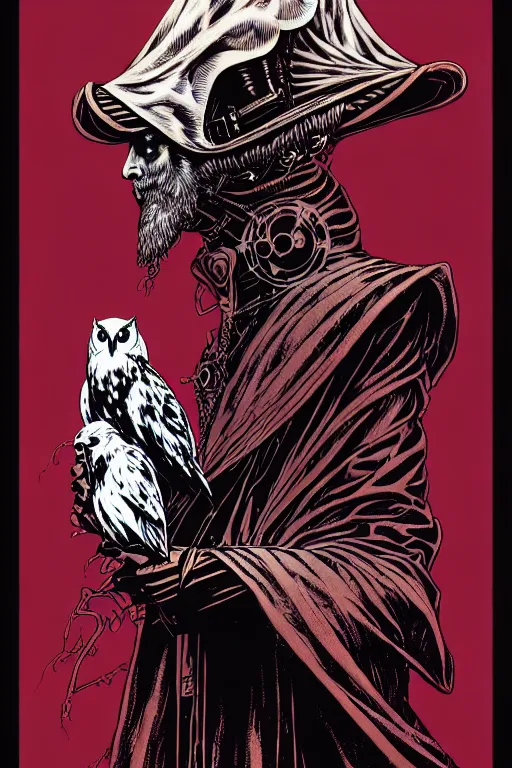 Image similar to side view of majestic steampunk alchemists cloaked wizard holding his pet owl, high details, bold line art, by vincent di fate and joe fenton, inking, etching, screen print, masterpiece, trending on artstation, sharp, high contrast, hyper - detailed,, hd, 4 k, 8 k