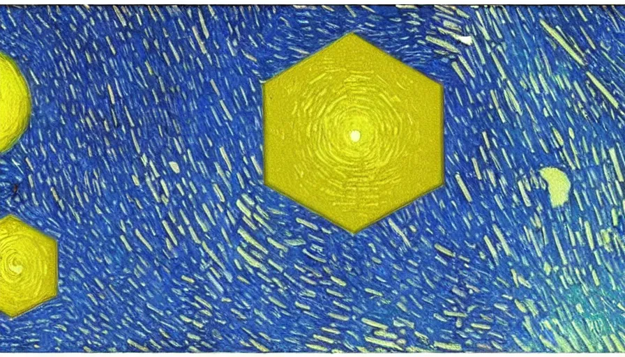 Image similar to the sun being blocked by a hexagon in space, planet earth in the foreground, painted by van gogh