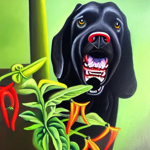 Image similar to oil painting of a vicious black dog bearing its fangs next to brugmansia suaveolens flowers, dark background, scary