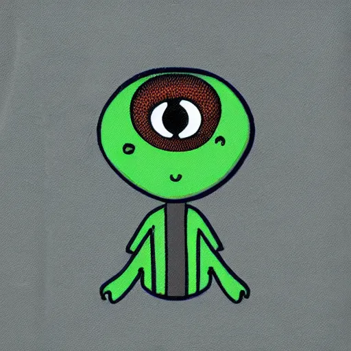 Prompt: big eyed gray alien, wearing green shirt