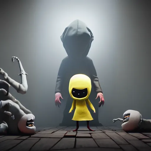 Image similar to render of new monster of little nightmares 2, placed in a bloody hall, body parts, heads, legs, arms, octane render, scary, horror atmosphere