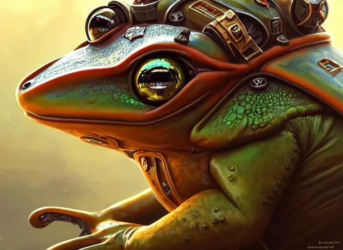 Prompt: portrait of a frog dressed as a spaceship pilot, d & d, armour! fantasy, intricate, elegant, highly detailed, digital painting, artstation, concept art, smooth, sharp focus, illustration, art by artgerm and greg rutkowski and alphonse mucha