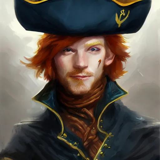 Image similar to dashing charming ginger grinning charismatic elf male rogue, wearing pirate captain's tricorne hat, naval background, amazing, portrait, stunning, trending on art station, artgerm, Greg rutkowski