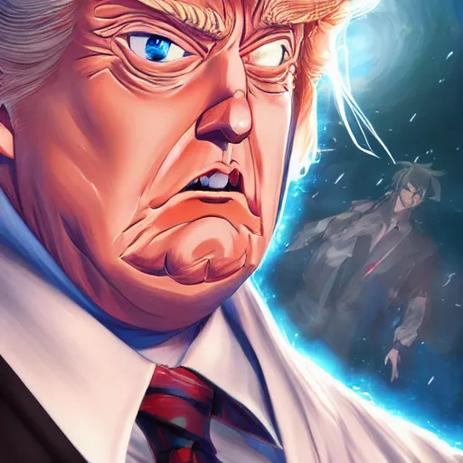 Image similar to anime portrait of trump x elon hybrid as an anime antagonist by Stanley Artgerm Lau, WLOP, Rossdraws, James Jean, Andrei Riabovitchev, Marc Simonetti, and Sakimichan, trending on artstation