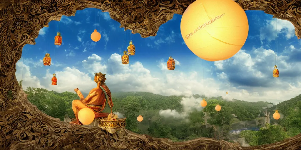 Image similar to wind god enjoying the view from his stone heavenly palace, decorated with windchimes and paper lanterns, nature, clouds and other palaces in background, digital art