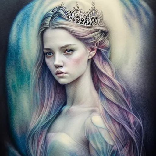 Image similar to hyper realistic pencil drawing of a fantasy princess, muted water color, full portrait, detailed, rim light, diffused, intricate, by anna dittmann