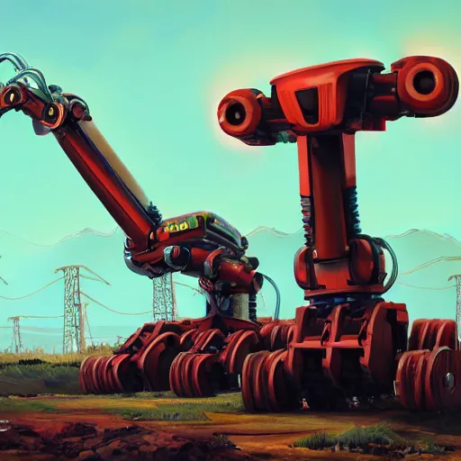 Prompt: giant quadrupedal mining robot, four legs, highly detailed body, industrial robot, photorealistic camera shot, in the style of simon stalenhag