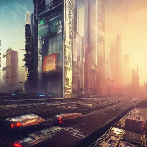 Image similar to cyberpunk cityscape like tokyo newyork street with tall buildings at dusk golden hour cinematic lighting, epic composition. A golden daylight, hyper-realistic environment. Hyper and intricate detail, photo-realistic. Cinematic and volumetric light. Epic concept art. Octane render and Unreal Engine, trending on artstation-H 768