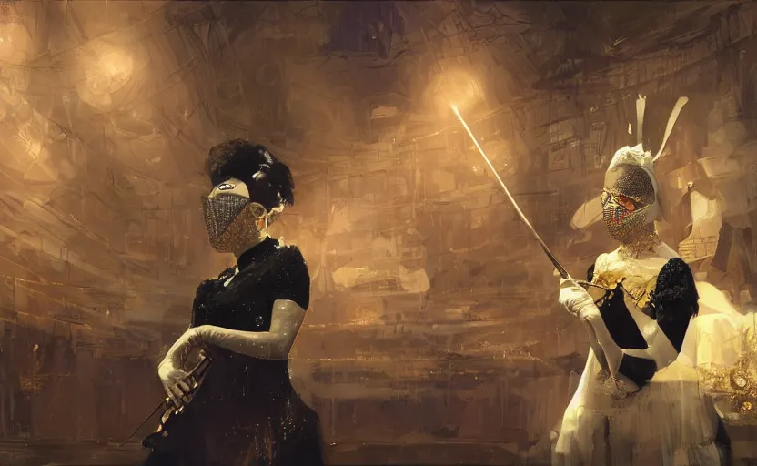 Image similar to craig mullins and ghibli digital art of on the stage of the theater, a masked female violinist performs solo, dressed in exotic costumes, gold jewelry, and black hair realistic shading, cinematic composition, realistic render, octane render, detailed textures, photorealistic, wide shot