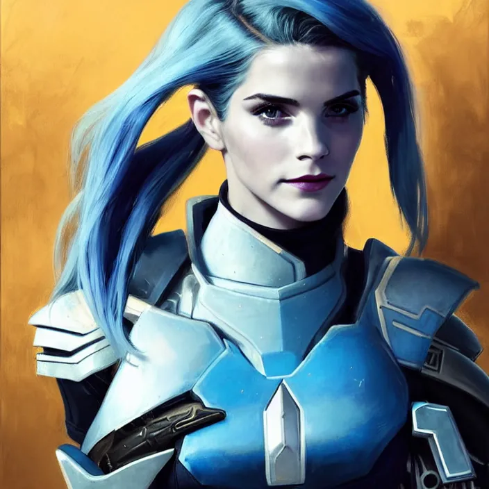 Image similar to portrait of a combination of Ashley Greene, Adriana Dxim, Grace Kelly and Emma Watson with blue hair wearing Interceptor's armor from Anthem, countryside, calm, fantasy character portrait, dynamic pose, above view, sunny day, thunder clouds in the sky, artwork by Jeremy Lipkin and Giuseppe Dangelico Pino and Michael Garmash and Rob Rey and Greg Manchess and Huang Guangjian, very coherent asymmetrical artwork, sharp edges, perfect face, simple form, 100mm