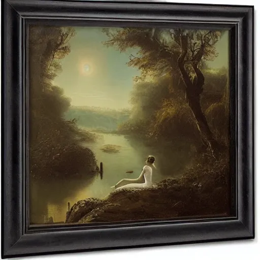 Image similar to girl in white dress sits by a pond in an apocalyptic dark forest at night, by john martin