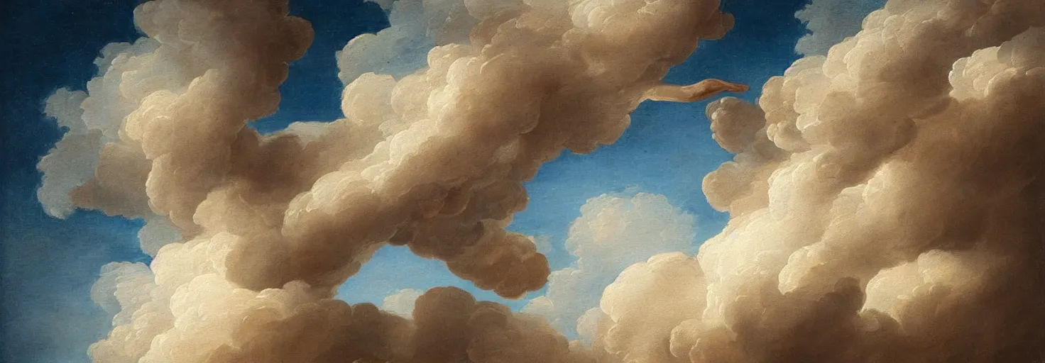 Prompt: a painting of a hand descending from the clouds demand payment for daily existence, in the style of a beautiful neoclassical rococo painting