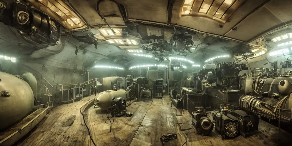 Prompt: photograph of a dieselpunk submarine interior set design, cinematic lighting, color contrast, arri alexa, anamorphic bokeh, professional lighting, 4 k, photographed by erik johansson, graded with davinci resolve